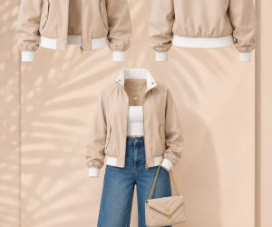 Women’s Beige Bomber Jacket | Casual Zip-Up Lightweight Fashion Jacket