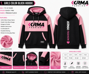 Girls Color Block Hoodie – Black & Pink Premium Fleece | KRMA Fashion