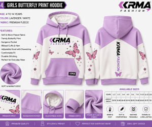 Girls Butterfly Print Hoodie – Lavender & White Premium Fleece | KRMA Fashion
