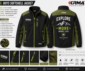 Boys Softshell Jacket – Black & Olive Green | KRMA Fashion