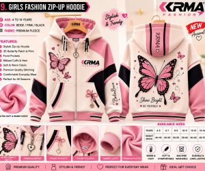 Girls Fashion Zip-Up Hoodie – Beige, Pink & Black Premium Fleece
